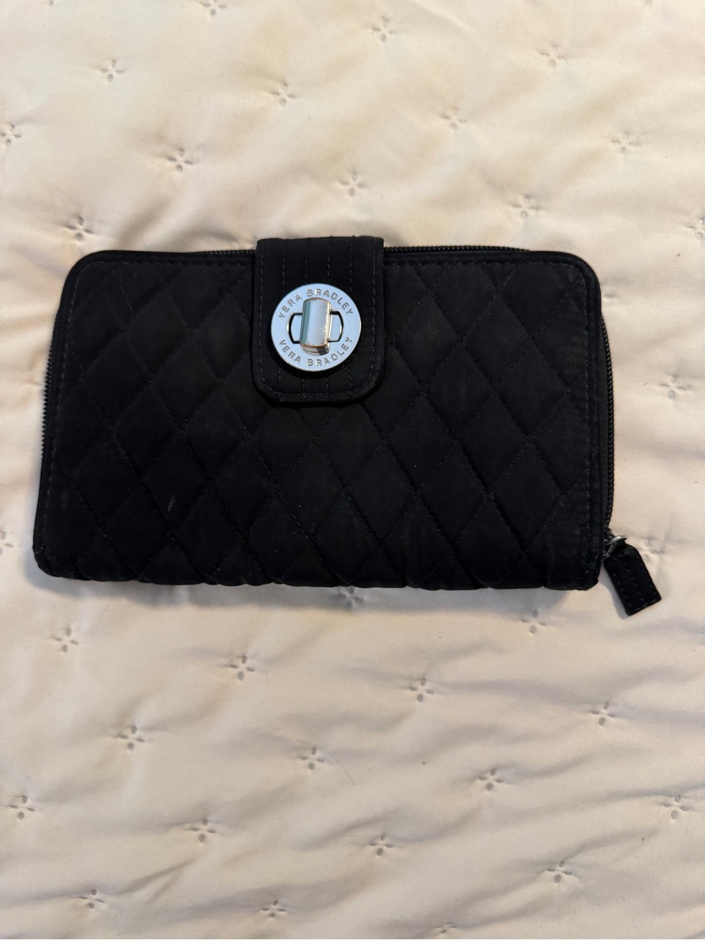 Vera Bradley Black Quilted Zip Wallet with Logo Snap